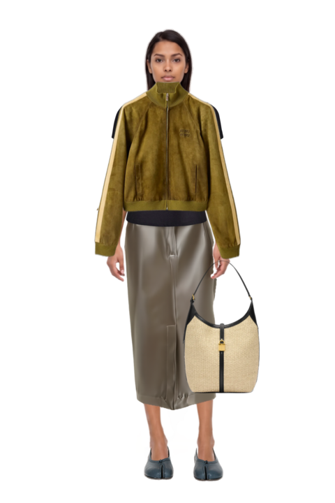 Outfit waxed suede jacket and siena raffia tote bag