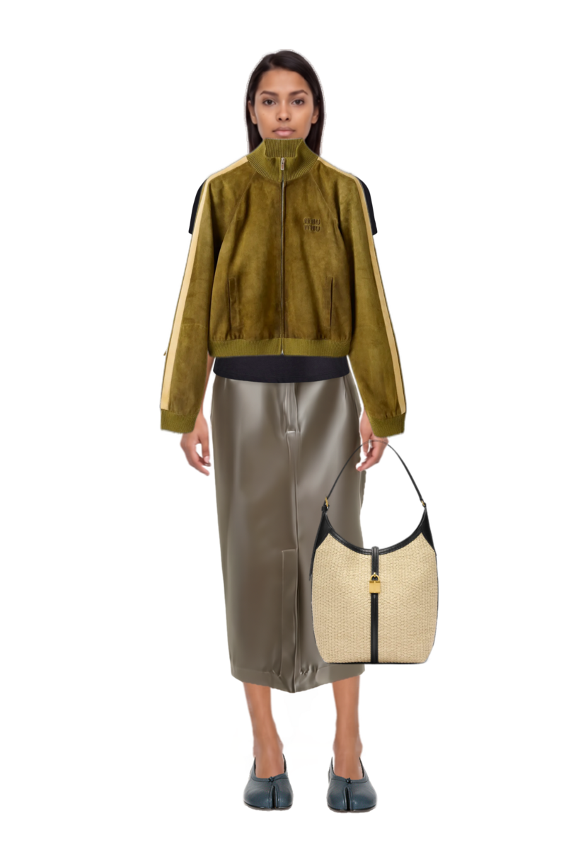 Outfit waxed suede jacket and siena raffia tote bag