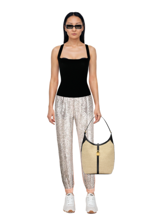 Outfit plume mesh fabric sneakers and siena raffia tote bag