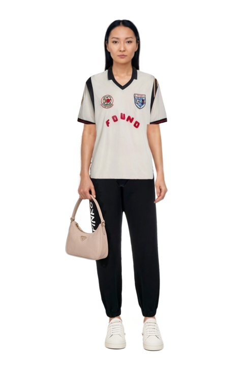 Outfit re-edition 2005 nubuck and saffiano leather mini-bag and embroidered-patch panelled t-shirt