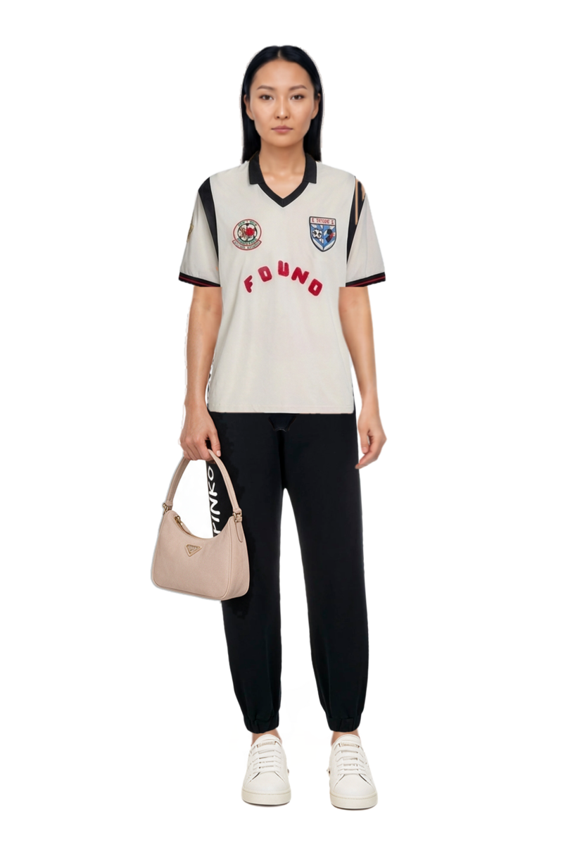 Outfit re-edition 2005 nubuck and saffiano leather mini-bag and embroidered-patch panelled t-shirt