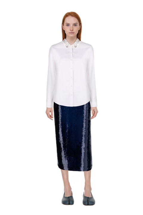 Outfit tabi ballet flats and sequin-embellished pencil skirt