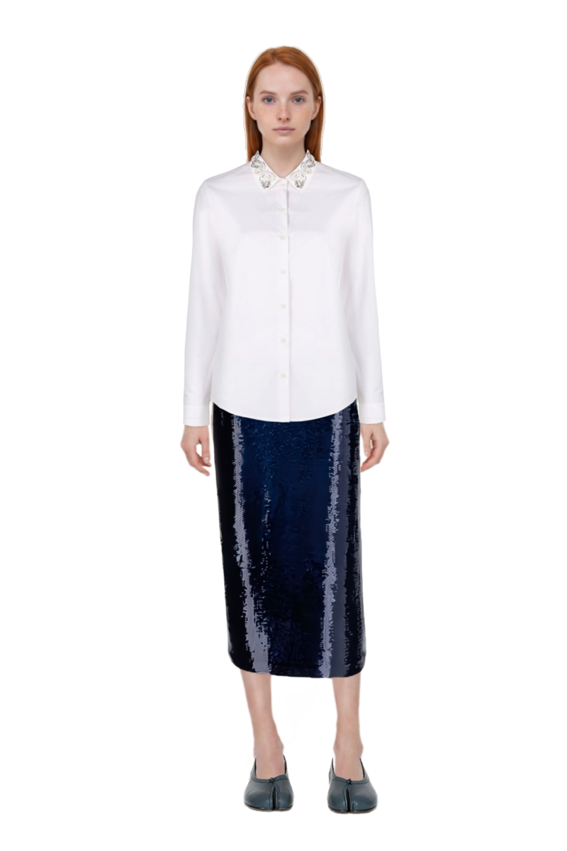 Outfit tabi ballet flats and sequin-embellished pencil skirt