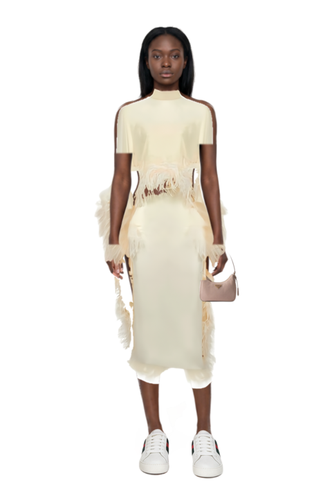 Outfit feather-embellishment maxi dress and re-edition 2005 nubuck and saffiano leather mini-bag