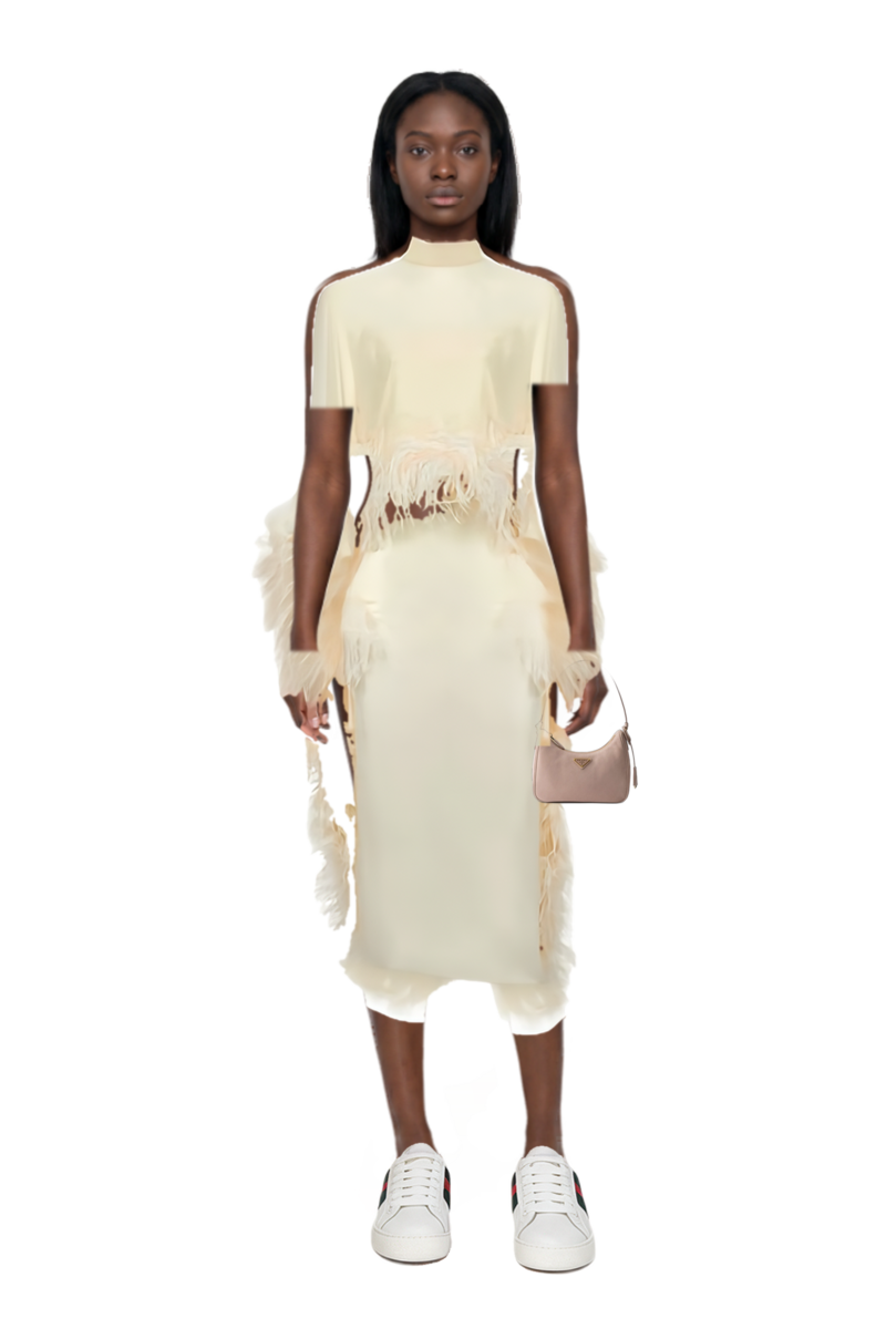Outfit feather-embellishment maxi dress and re-edition 2005 nubuck and saffiano leather mini-bag