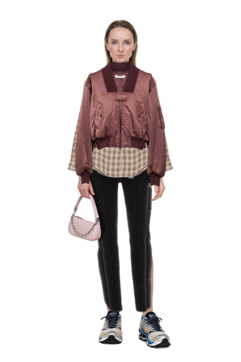 Outfit check-pattern shirt and seam-detail leggings