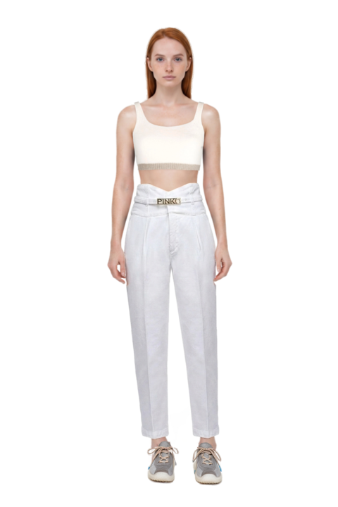 Outfit bubble technical fabric and suede sneakers and pinko top
