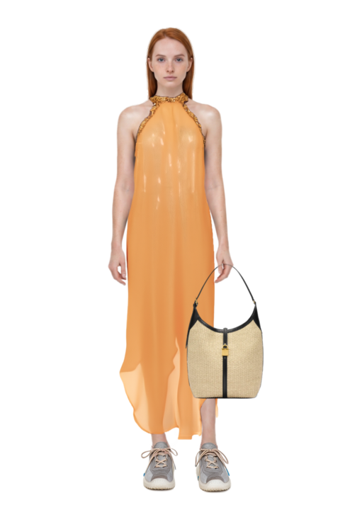 Outfit siena raffia tote bag and bubble technical fabric and suede sneakers