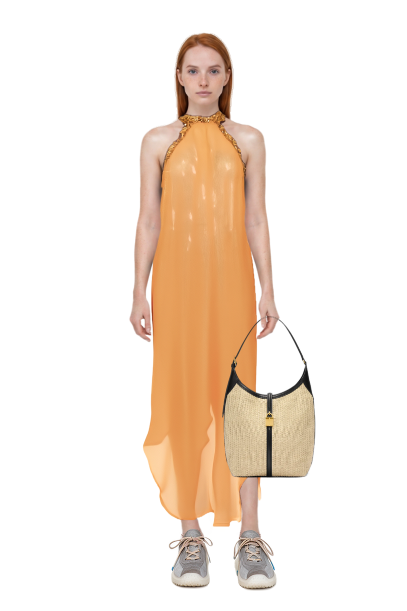 Outfit siena raffia tote bag and bubble technical fabric and suede sneakers