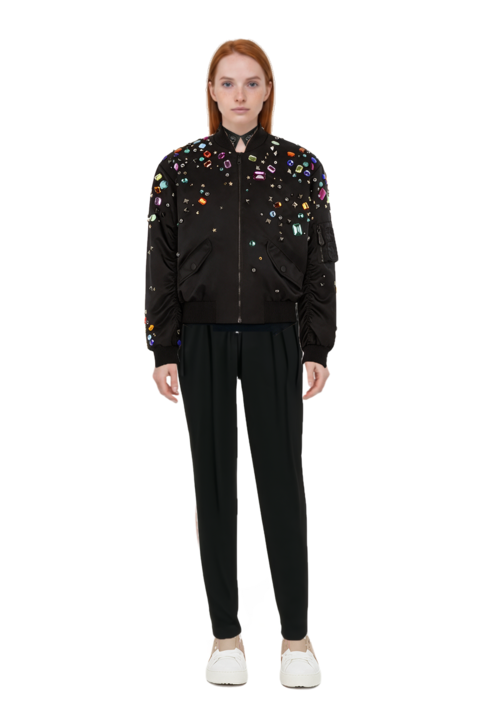 Outfit embellished bomber jacket and pinko necklace