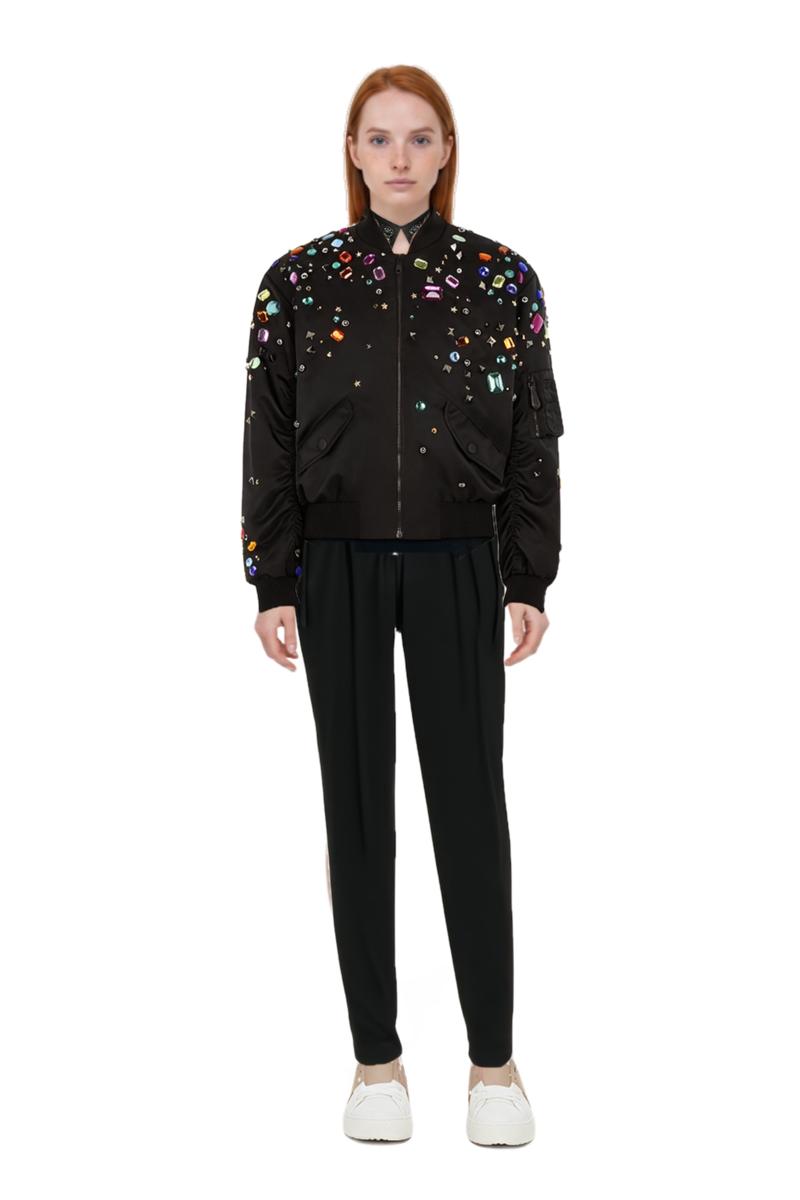 Outfit embellished bomber jacket and pinko necklace