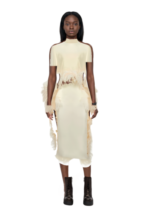 Outfit feather-embellishment maxi dress and 23 watches