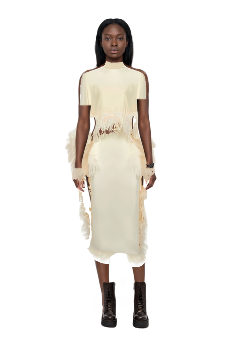Outfit feather-embellishment maxi dress and 23 watches