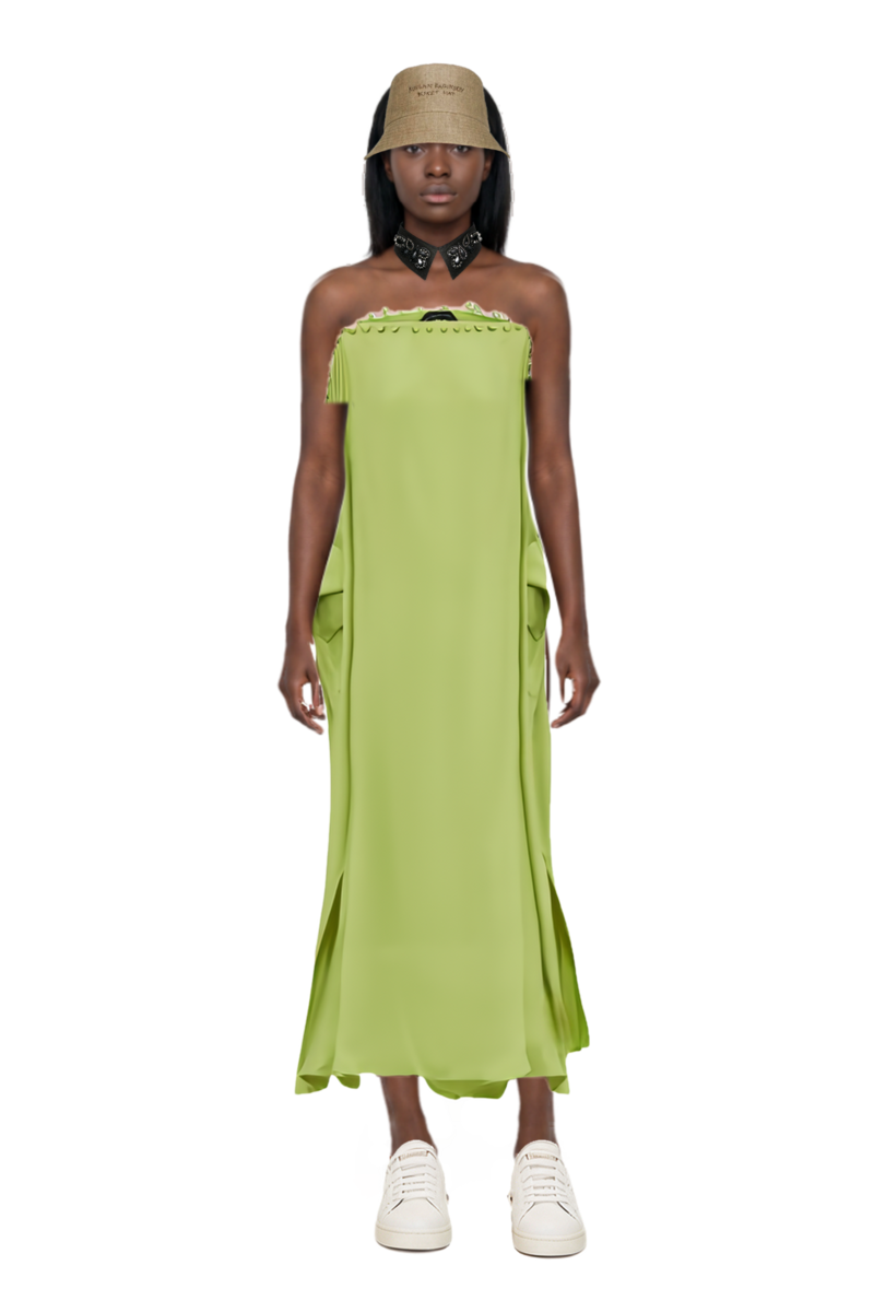 Outfit one-shoulder button-detail kaftan and pinko necklace