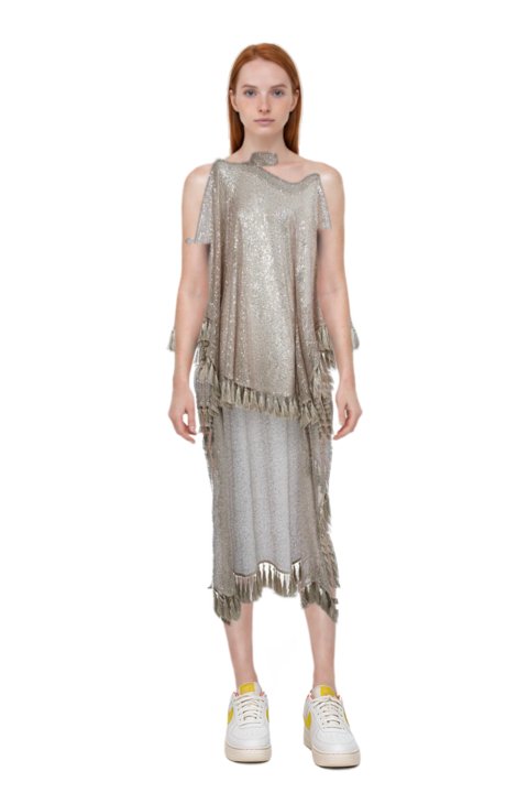 Outfit trebbia disco fringed kaftan dress and air force 1 '07 lx "white/phantom/pearl white/yell" sneakers