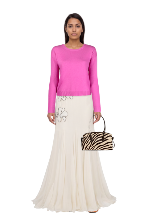 Outfit brioche duffle zebra-print shoulder bag and flower-appliqués silk maxi dress
