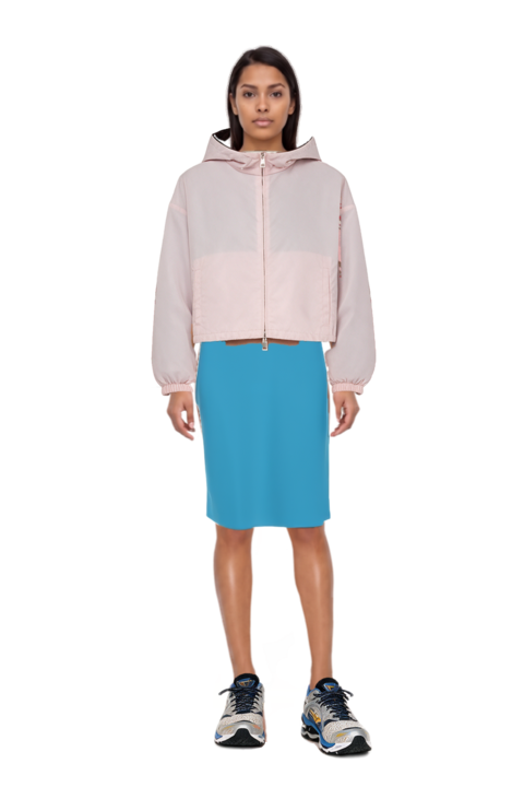 Outfit high-waist pencil skirt and reversible cropped nylon jacket