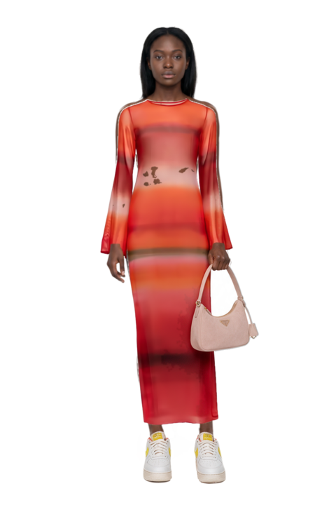 Outfit re-edition 2005 nubuck and saffiano leather mini-bag and nora bell-sleeve cover up