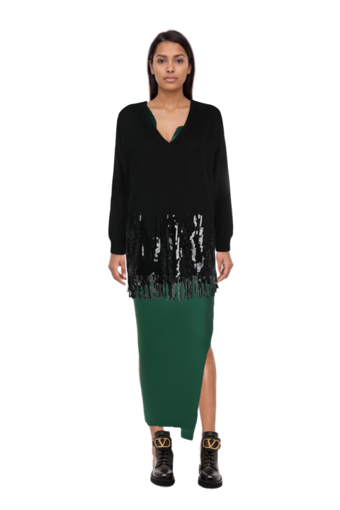 Outfit venezia ruffled one-shoulder maxi dress and pinko sweater