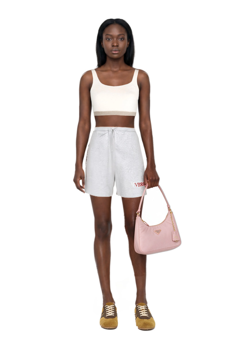 Outfit logo-embroidered track shorts and mini re-edition 2005 re-nylon and saffiano bag
