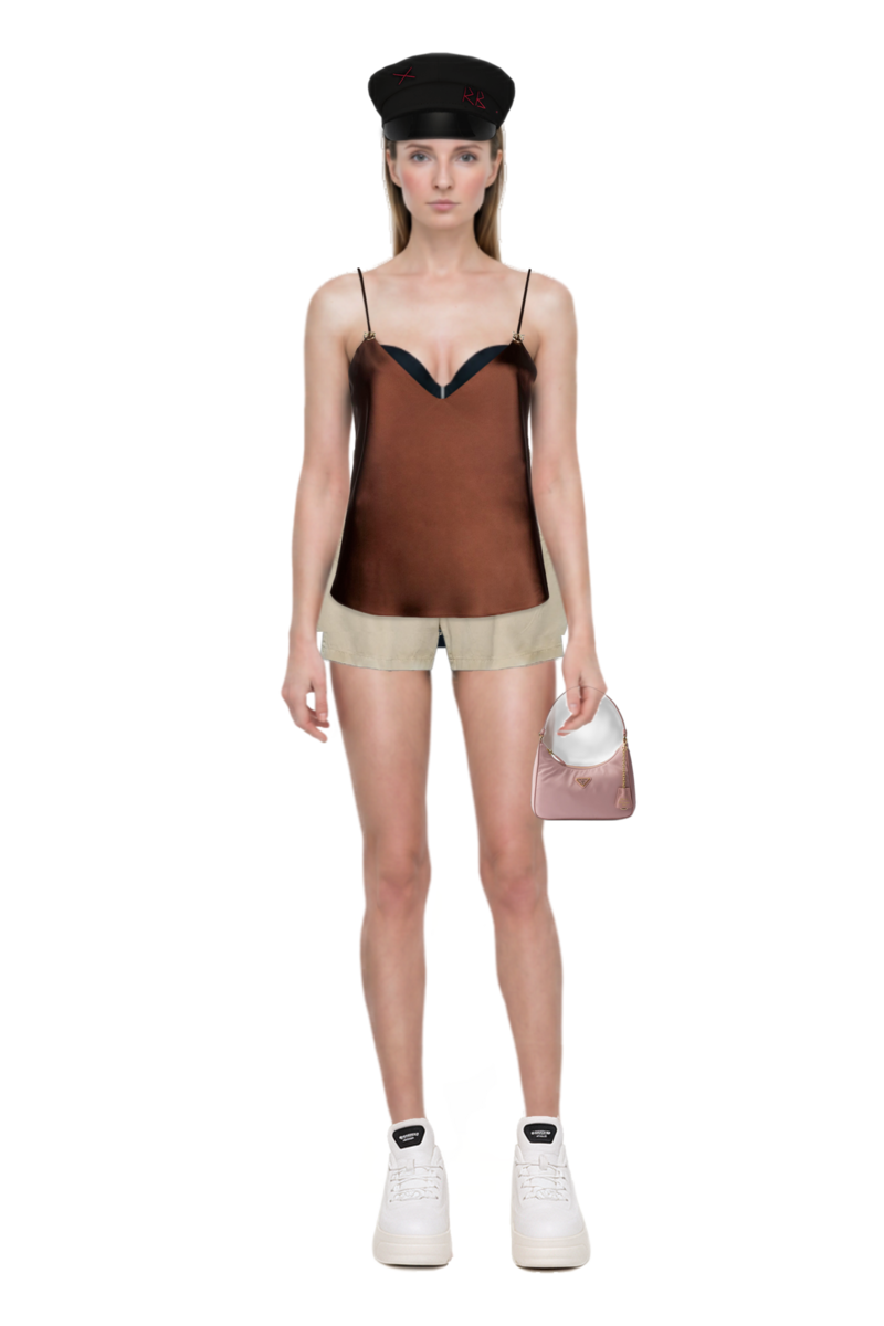 Outfit garment-dyed old gabardine shorts and mini re-edition 2005 re-nylon and saffiano bag