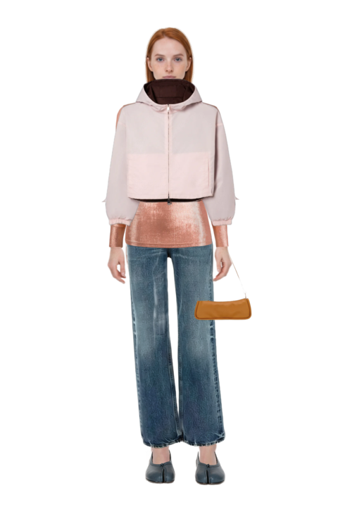Outfit cotton jeans and reversible cropped nylon jacket