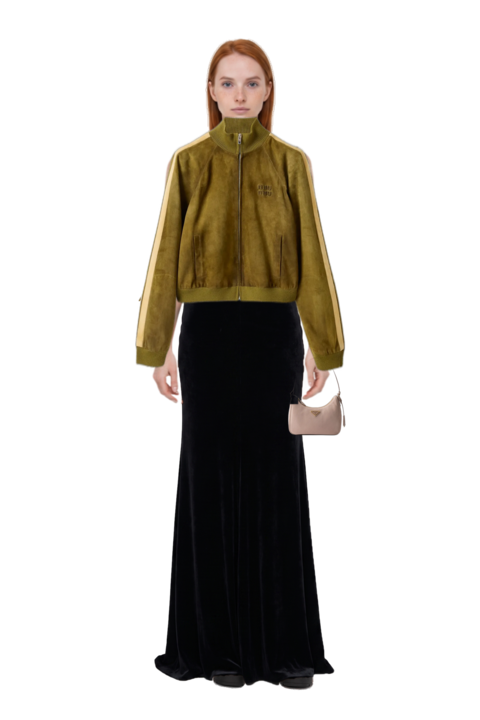 Outfit waxed suede jacket and re-edition 2005 nubuck and saffiano leather mini-bag