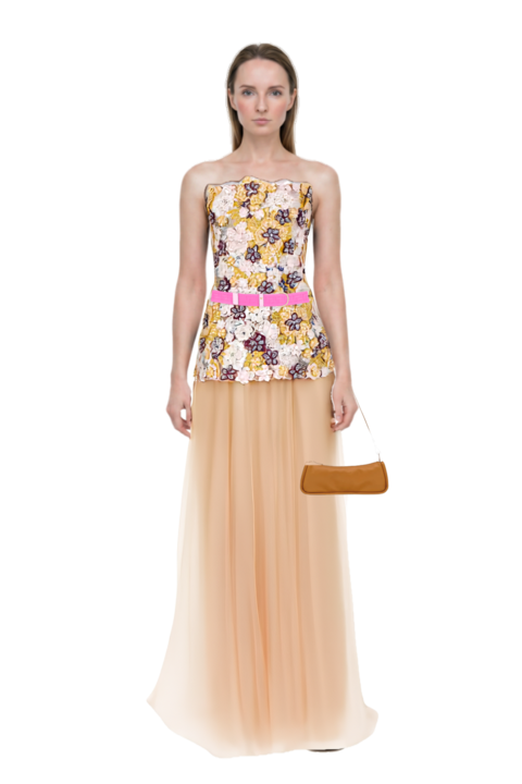 Outfit looong m shoulder bag and thia floral-embroidered strapless maxi dress