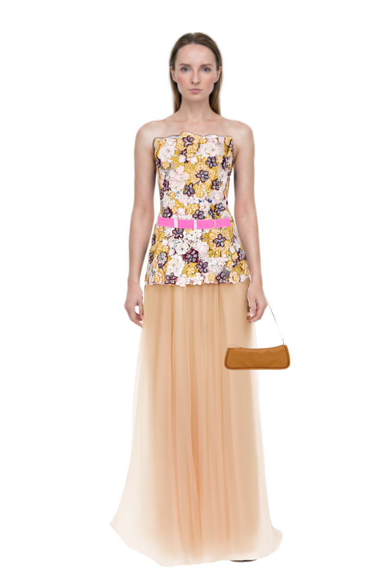 Outfit looong m shoulder bag and thia floral-embroidered strapless maxi dress