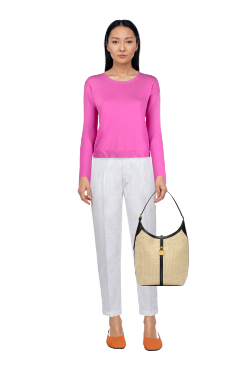 Outfit siena raffia tote bag and pinko sweater