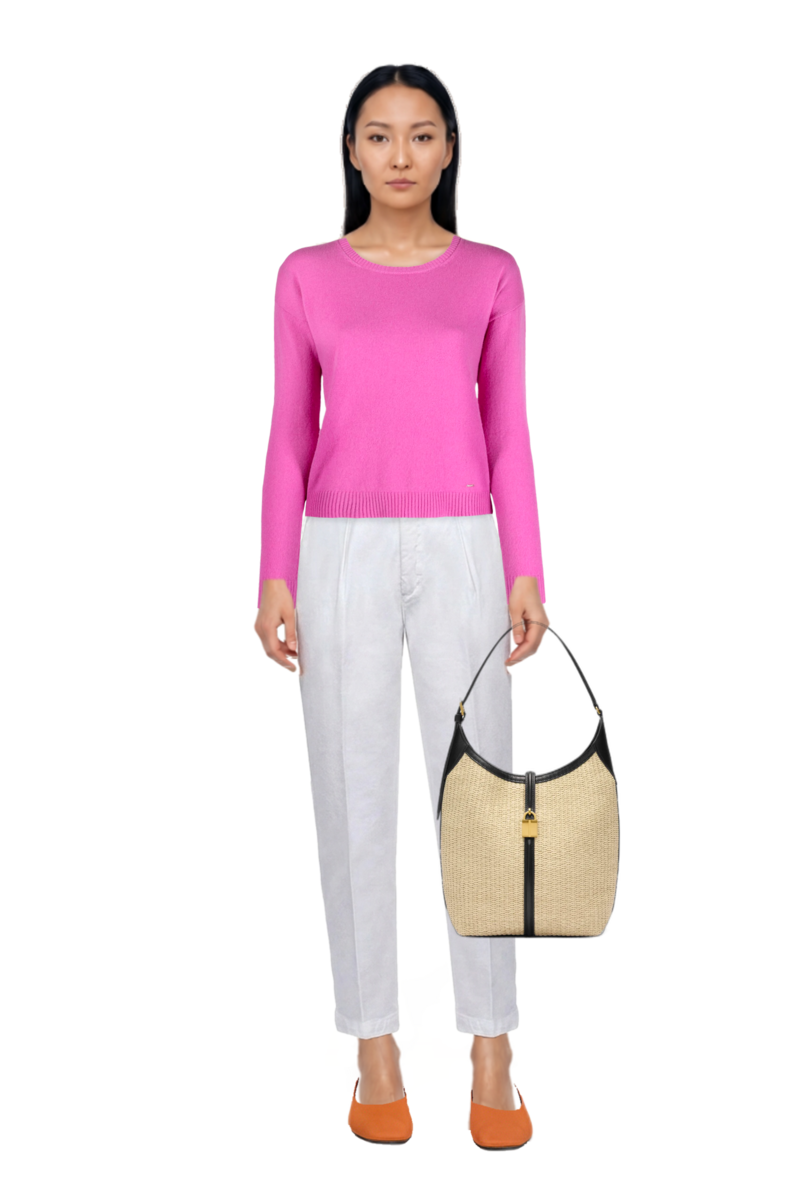 Outfit siena raffia tote bag and pinko sweater