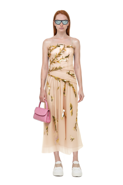 Outfit geometric-frame sunglasses and embroidered tulle strapless midi dress