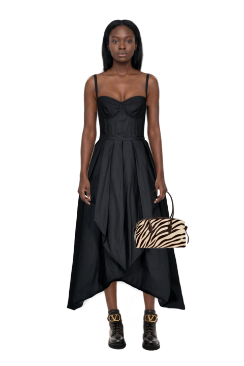 Outfit brioche duffle zebra-print shoulder bag and pinko dress