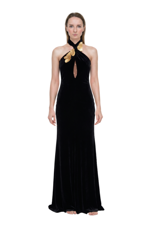 Outfit leaf-embellishment velvet gown