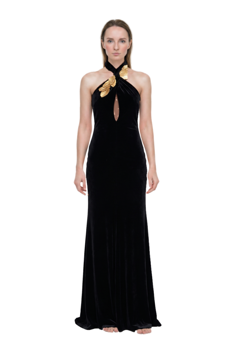Outfit leaf-embellishment velvet gown
