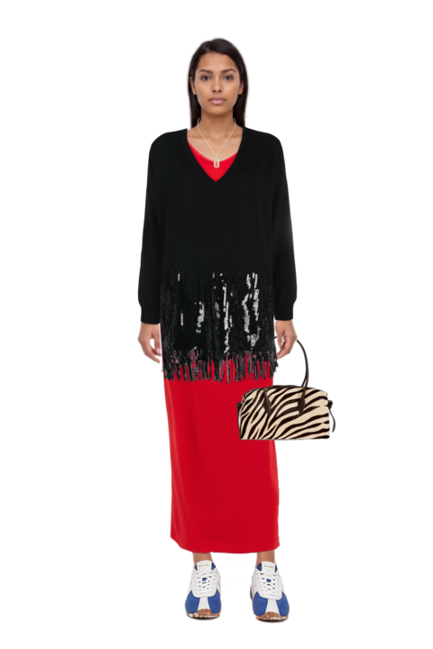 Outfit brioche duffle zebra-print shoulder bag and asymmetric sleeveless dress