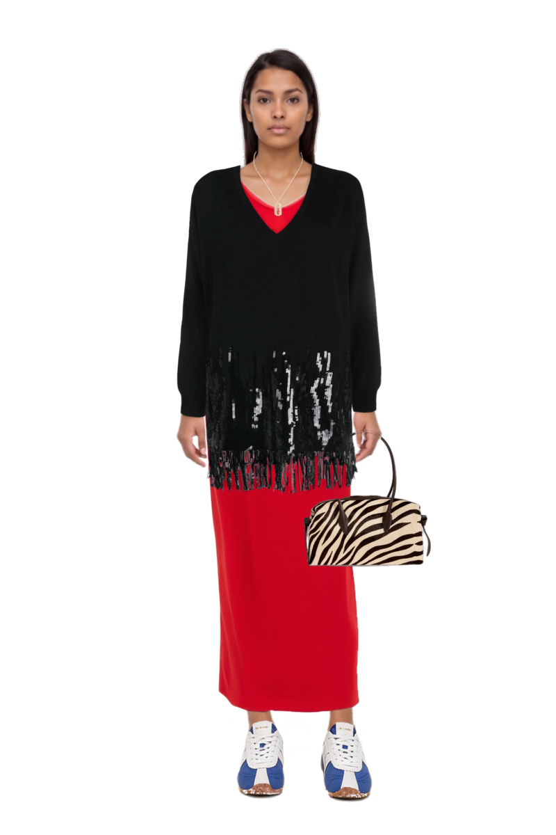Outfit brioche duffle zebra-print shoulder bag and asymmetric sleeveless dress