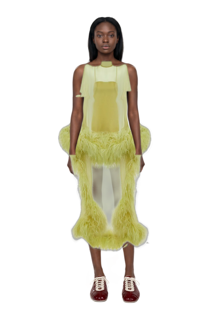 Outfit daisy kaftan feathered dress and leren leather ballerina sneakers