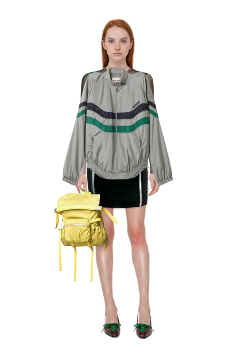 Outfit technical silk blouson jacket and lace-up pointed-toe pumps