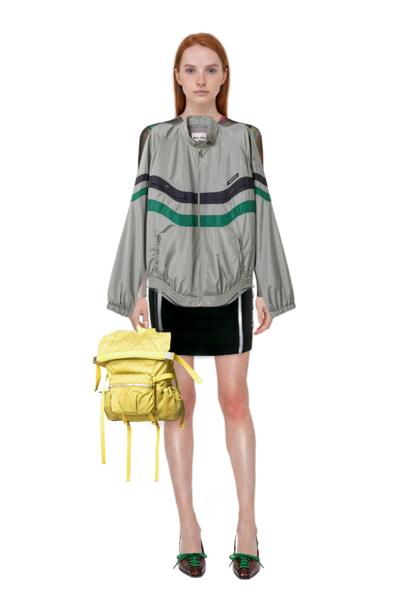 Outfit technical silk blouson jacket and lace-up pointed-toe pumps