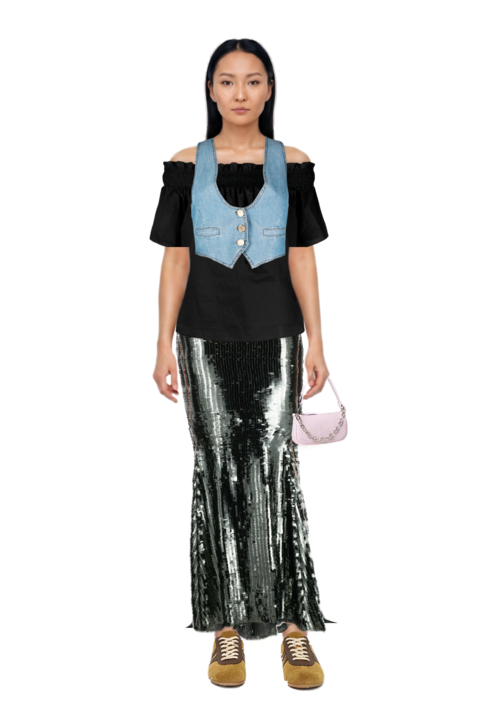Outfit suede sneakers and sequinned maxi skirt
