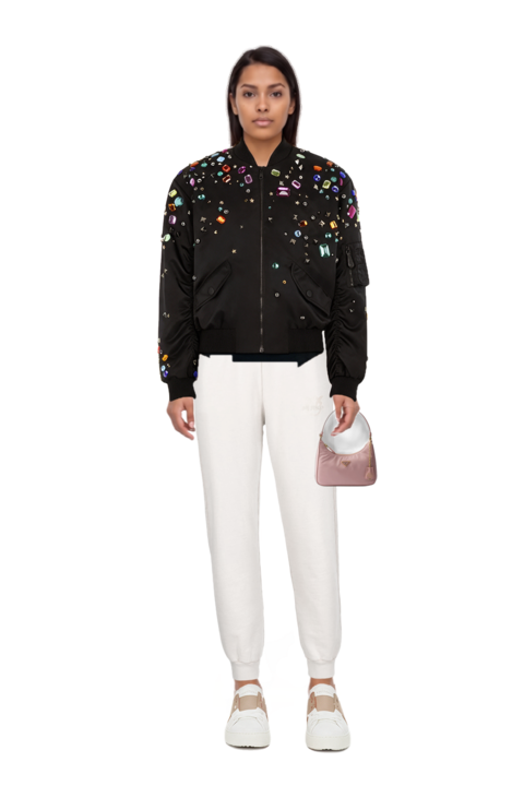 Outfit embellished bomber jacket and mini re-edition 2005 re-nylon and saffiano bag