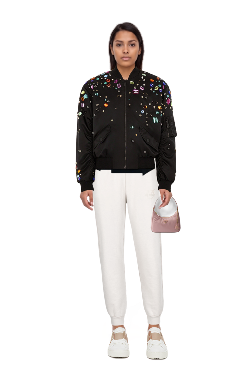 Outfit embellished bomber jacket and mini re-edition 2005 re-nylon and saffiano bag