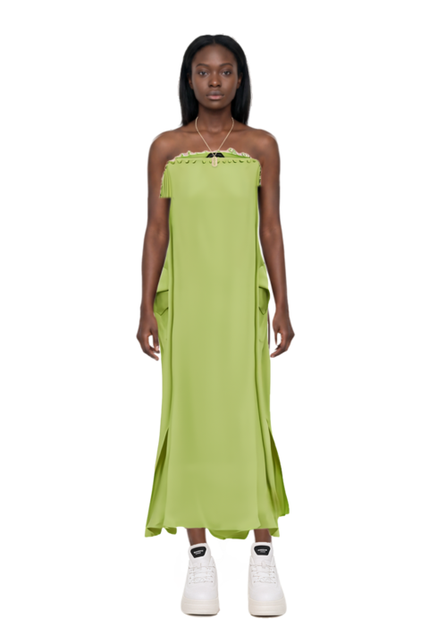 Outfit one-shoulder button-detail kaftan and 23 necklace