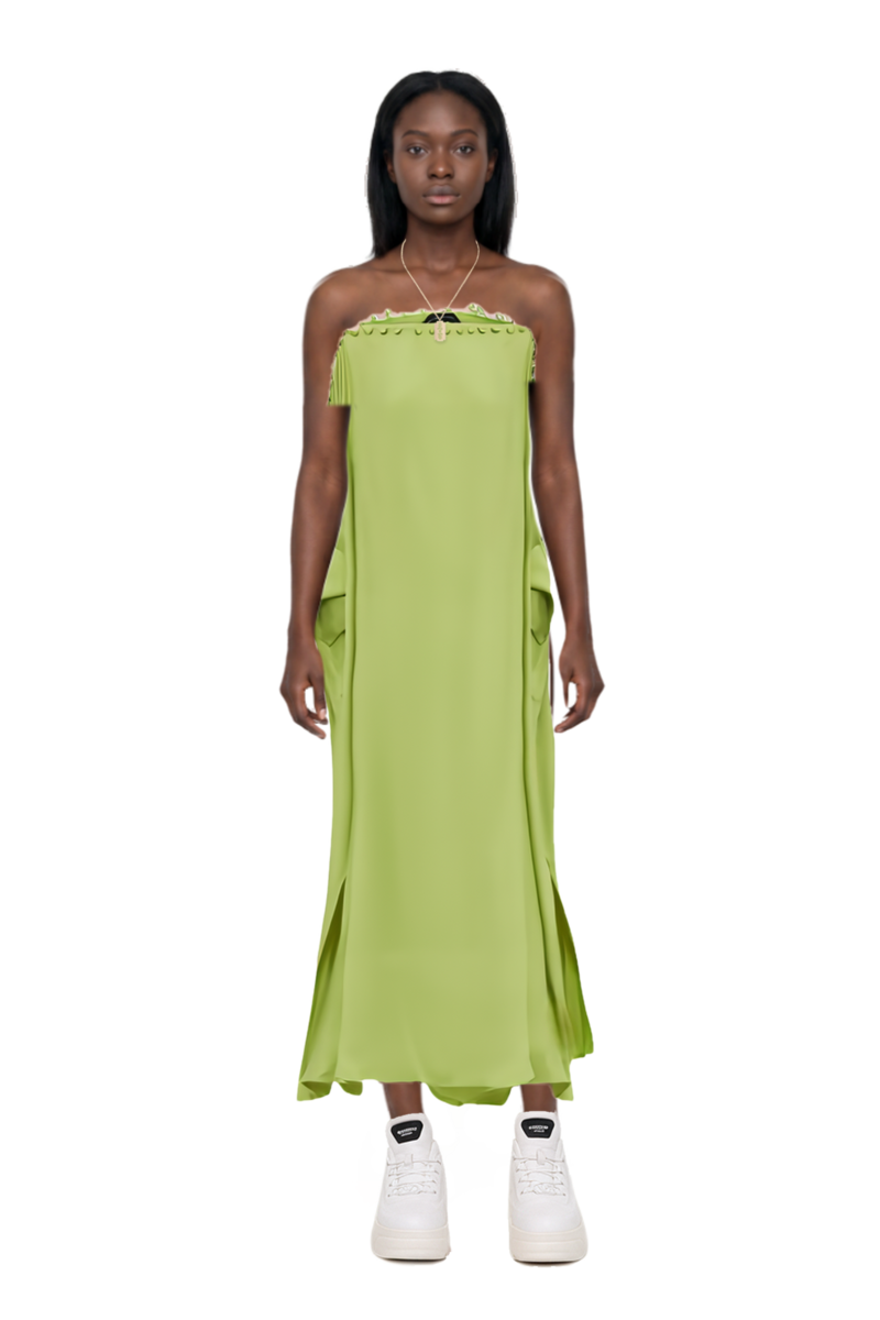 Outfit one-shoulder button-detail kaftan and 23 necklace
