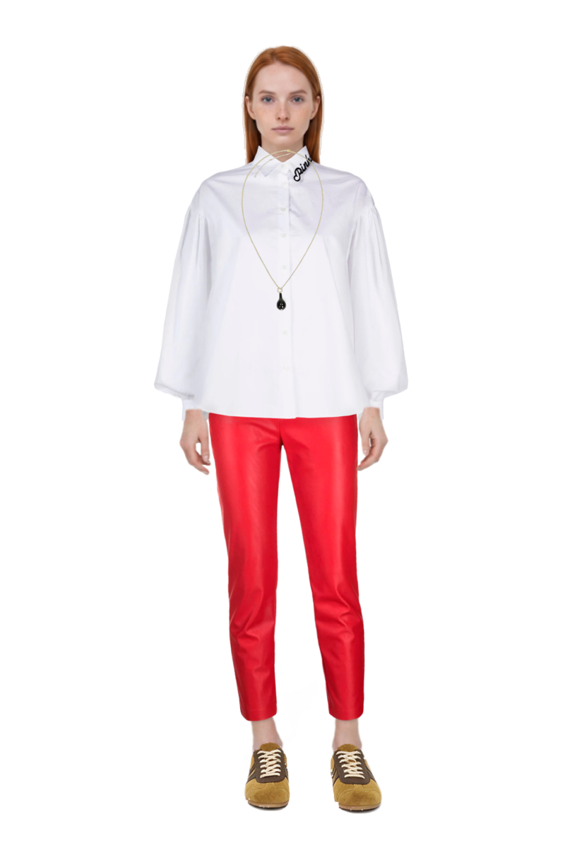 Outfit drop-pendant necklace and suede sneakers