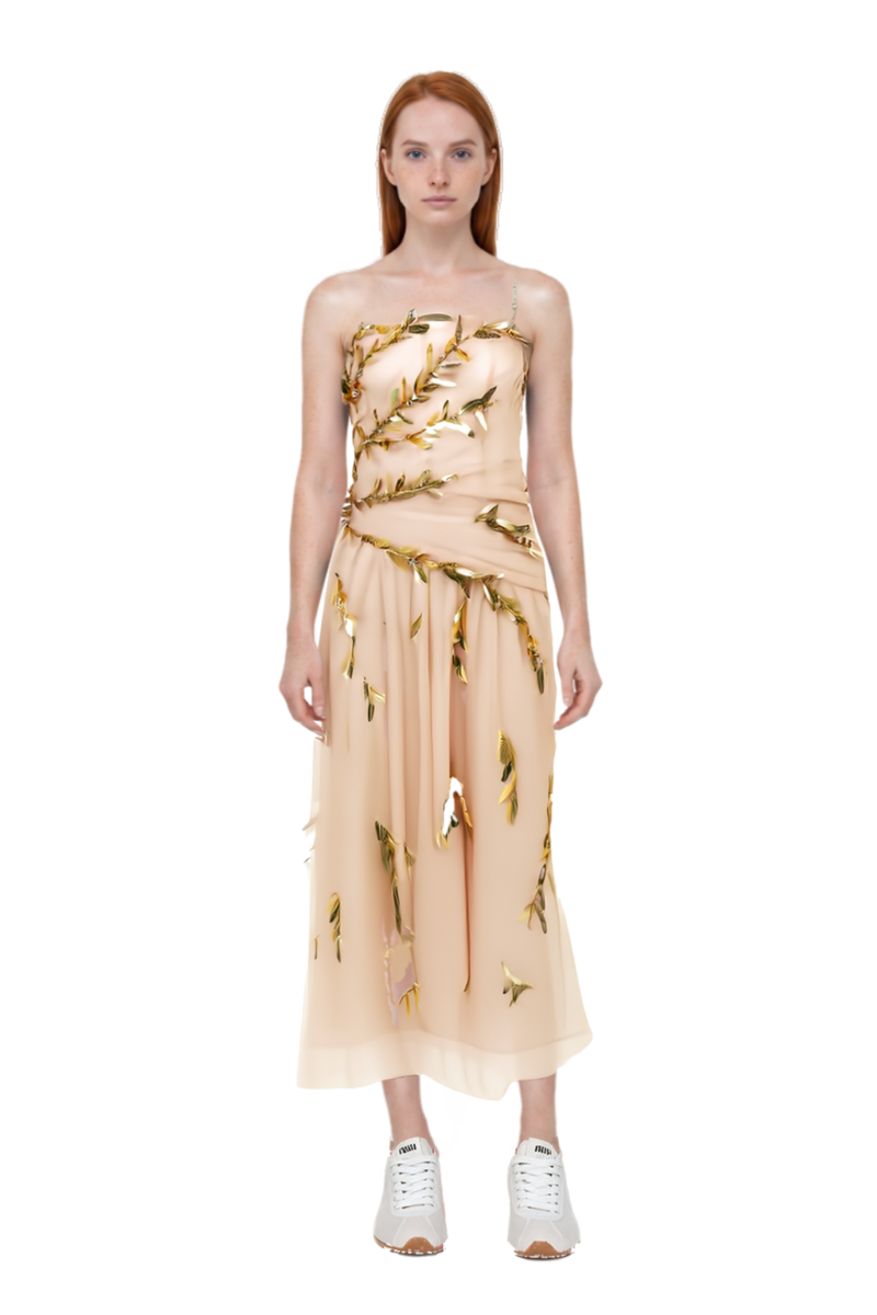 Outfit plume mesh fabric sneakers and embroidered tulle strapless midi dress