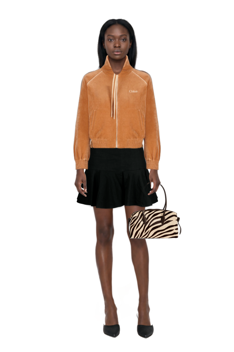 Outfit logo-embroidered velvet sweater and brioche duffle zebra-print shoulder bag