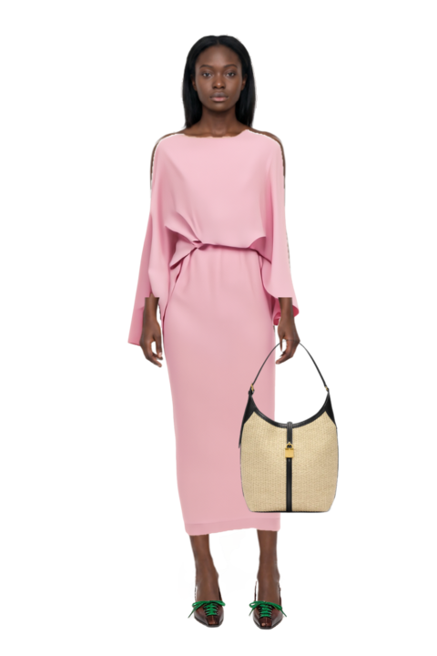 Outfit eolia cape-sleeve maxi dress and siena raffia tote bag