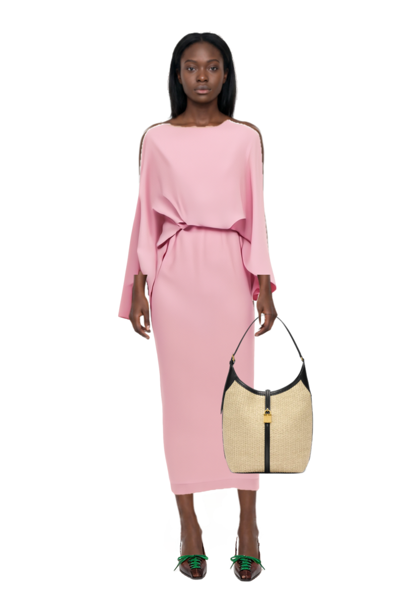Outfit eolia cape-sleeve maxi dress and siena raffia tote bag